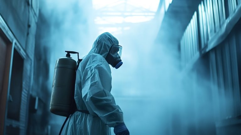 Scientist disinfecting contaminated area wearing hazmat suit